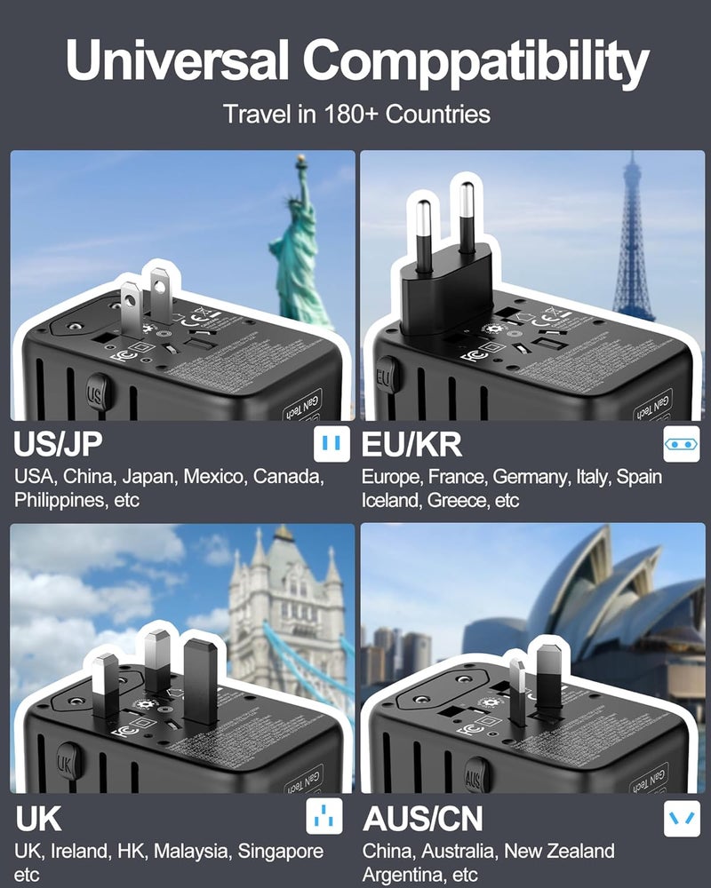 URJD Universal Travel Adapter 100W GaN Fast Charger in One, 4 USB C 1 USB A Ports & 2500W AC Outlet, International Power Plug Adapter with EU UK US AUS Plugs for 200+ Countries - Image 3